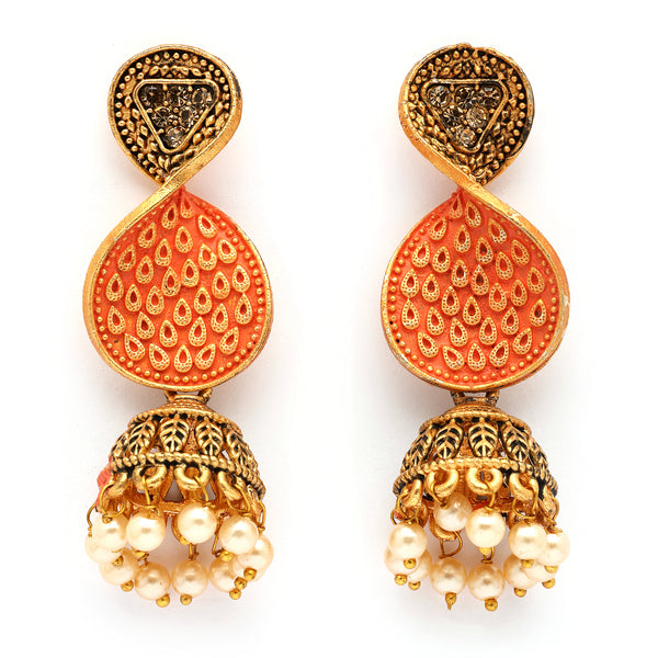 Traditional Gold Plated Pearl Studded Twist Drop Shaped Statement Jhumka Earrings