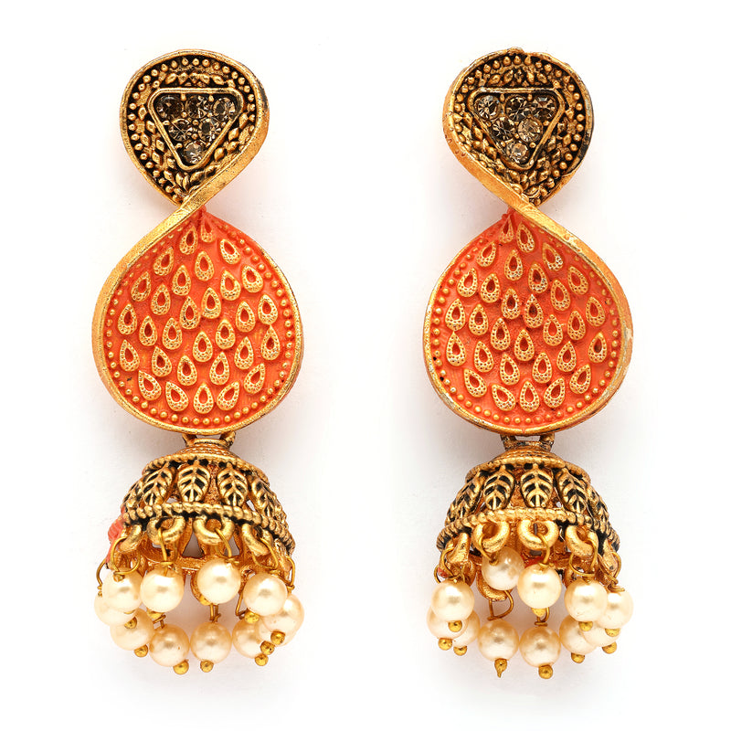 Traditional Gold Plated Pearl Studded Twist Drop Shaped Statement Jhumka Earrings
