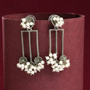 Oxidised Silver Toned White Pearl Beaded Drop Earrings