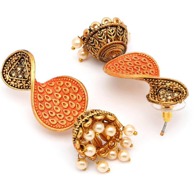 Traditional Gold Plated Pearl Studded Twist Drop Shaped Statement Jhumka Earrings