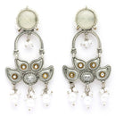 Oxidised Floral Shaped Gray CZ Studded And Pearl Beaded Dangler Earrings