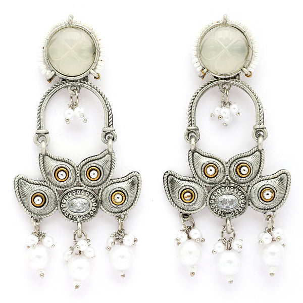 Oxidised Floral Shaped Gray CZ Studded And Pearl Beaded Dangler Earrings