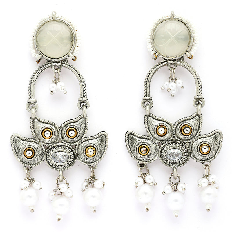 Oxidised Floral Shaped Gray CZ Studded And Pearl Beaded Dangler Earrings
