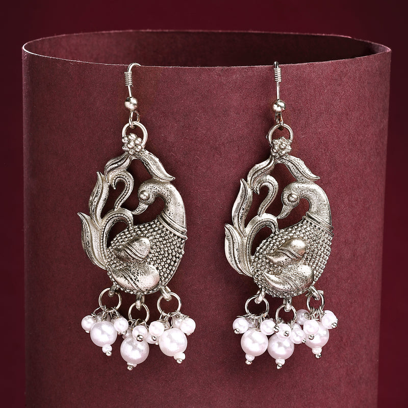 Oxidised Silver Toned Peacock Style White Pearl Studded Earrings