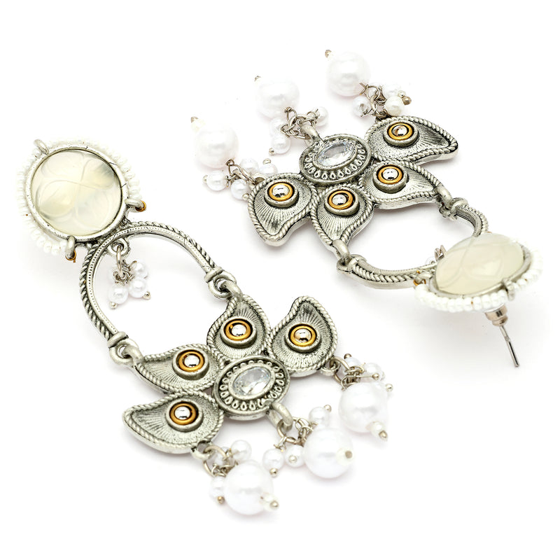 Oxidised Floral Shaped Gray CZ Studded And Pearl Beaded Dangler Earrings