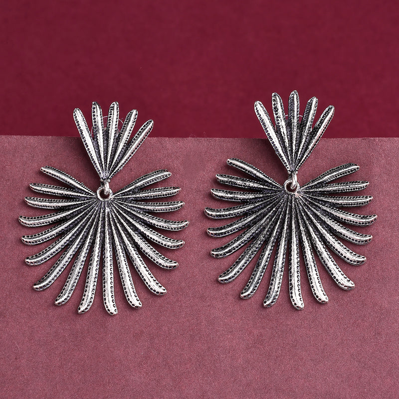 Oxidised Silver Toned Leaf Shaped Styles Drop Earrings