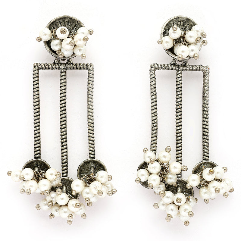 Oxidised Silver Toned White Pearl Beaded Drop Earrings