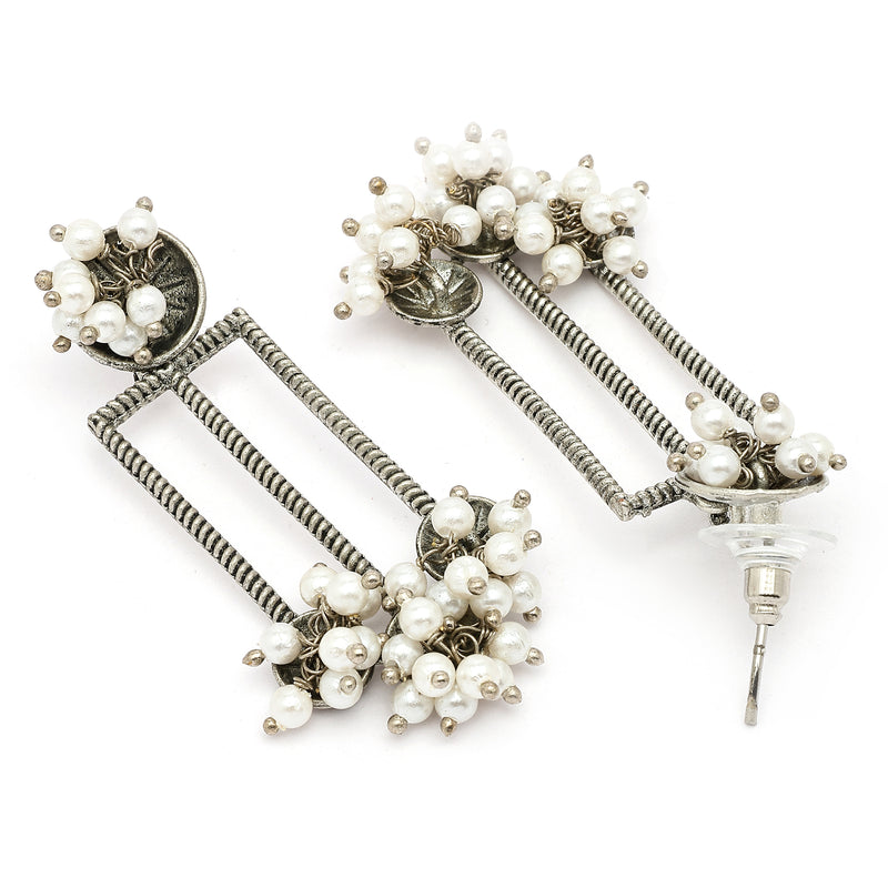 Oxidised Silver Toned White Pearl Beaded Drop Earrings