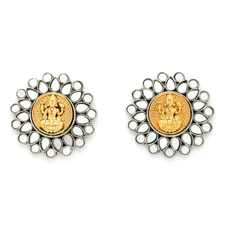 Oxidised Dual Toned Goddess Laxmi Temple Coin Mirror Studded Stud Earrings