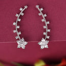 Rhodium Plated Floral Shaped Silver Toned White American Diamond Studded Ear Climber Earrings