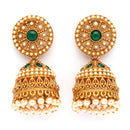 Traditional Gold Plated Green CZ Studded Pearl Beaded Jhumka Earrings