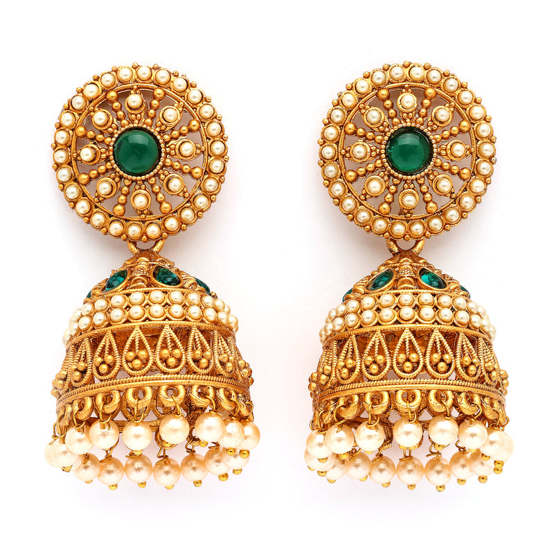 Traditional Gold Plated Green CZ Studded Pearl Beaded Jhumka Earrings