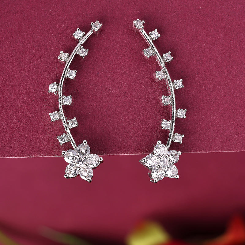 Rhodium Plated Floral Shaped Silver Toned White American Diamond Studded Ear Climber Earrings