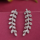 Rhodium Plated Silver Toned Leaf Shaped American Diamond Studded Ear Climber Earrings