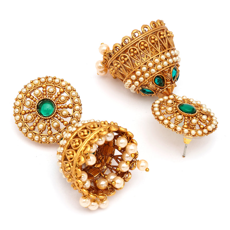 Traditional Gold Plated Green CZ Studded Pearl Beaded Jhumka Earrings