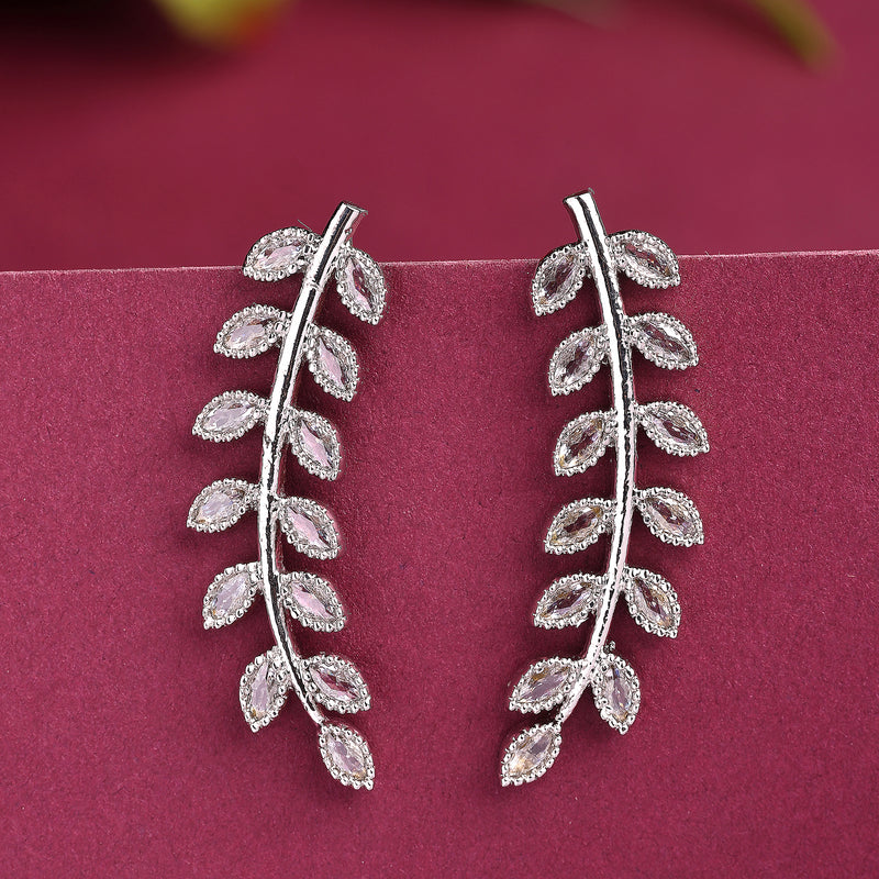 Rhodium Plated Silver Toned Leaf Shaped American Diamond Studded Ear Climber Earrings