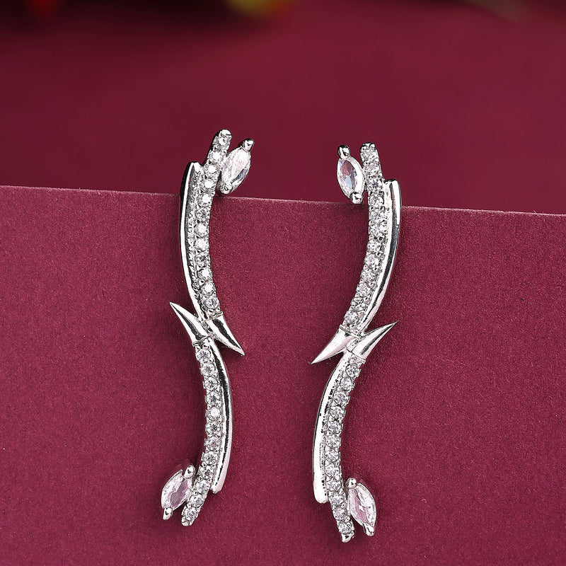 Rhodium Plated Silver Toned White American Diamond Studded Ear Climber Earrings