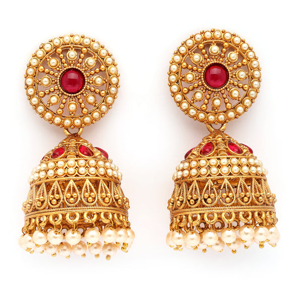 Traditional Gold Plated Red CZ Studded Pearl Beaded Jhumka Earrings