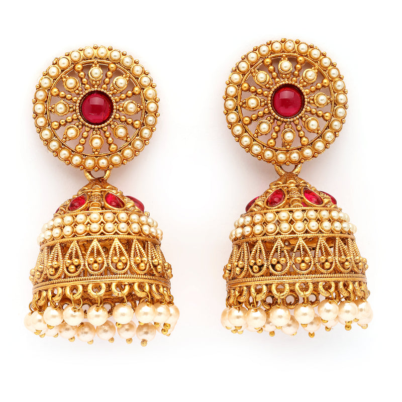 Traditional Gold Plated Red CZ Studded Pearl Beaded Jhumka Earrings