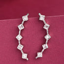 Rhodium Plated Silver Toned Square Shaped American Diamond Studded Ear Climber Earrings