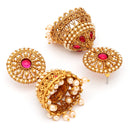 Traditional Gold Plated Red CZ Studded Pearl Beaded Jhumka Earrings