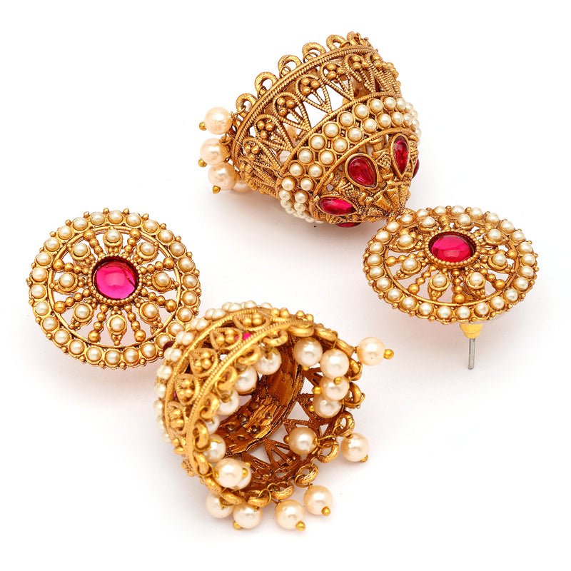 Traditional Gold Plated Red CZ Studded Pearl Beaded Jhumka Earrings