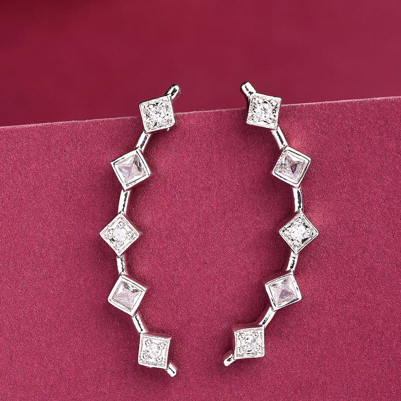 Rhodium Plated Silver Toned Square Shaped American Diamond Studded Ear Climber Earrings