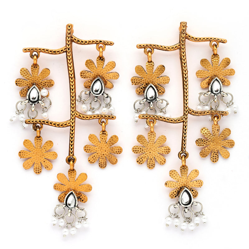 Gold Plated Oxidised Dual Toned Floral Shaped Pearl Beaded Dangler Earrings