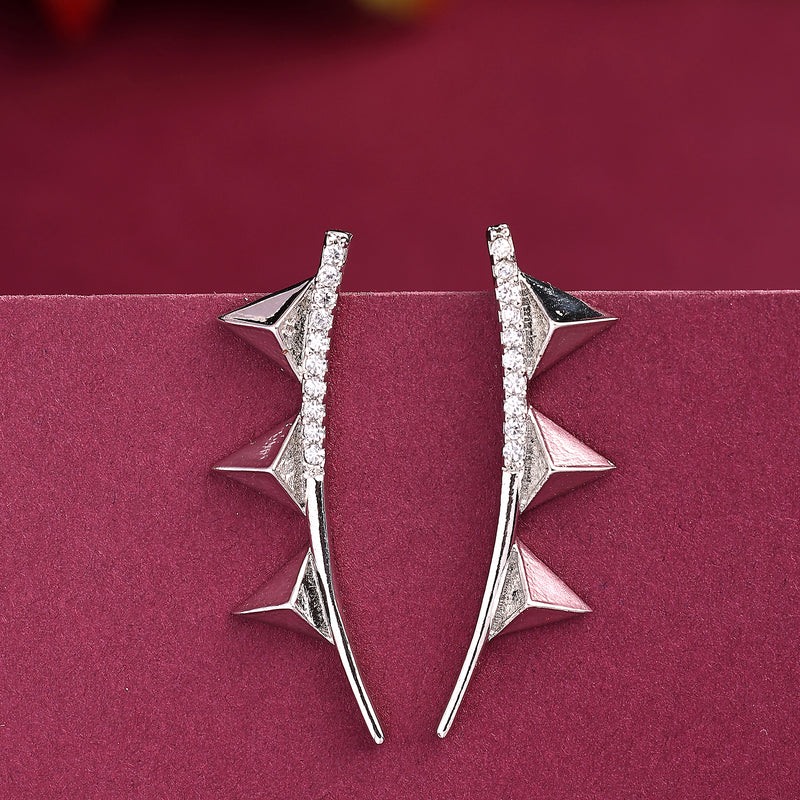 Rhodium Plated Silver Toned Triangular Shaped American Diamond Studded Ear Climber