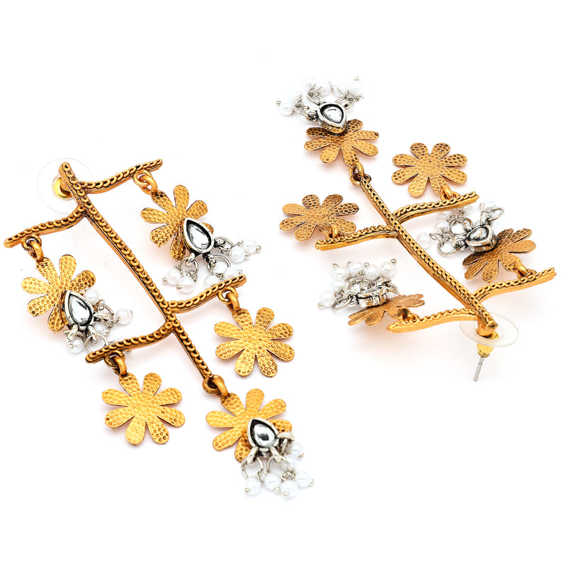 Gold Plated Oxidised Dual Toned Floral Shaped Pearl Beaded Dangler Earrings