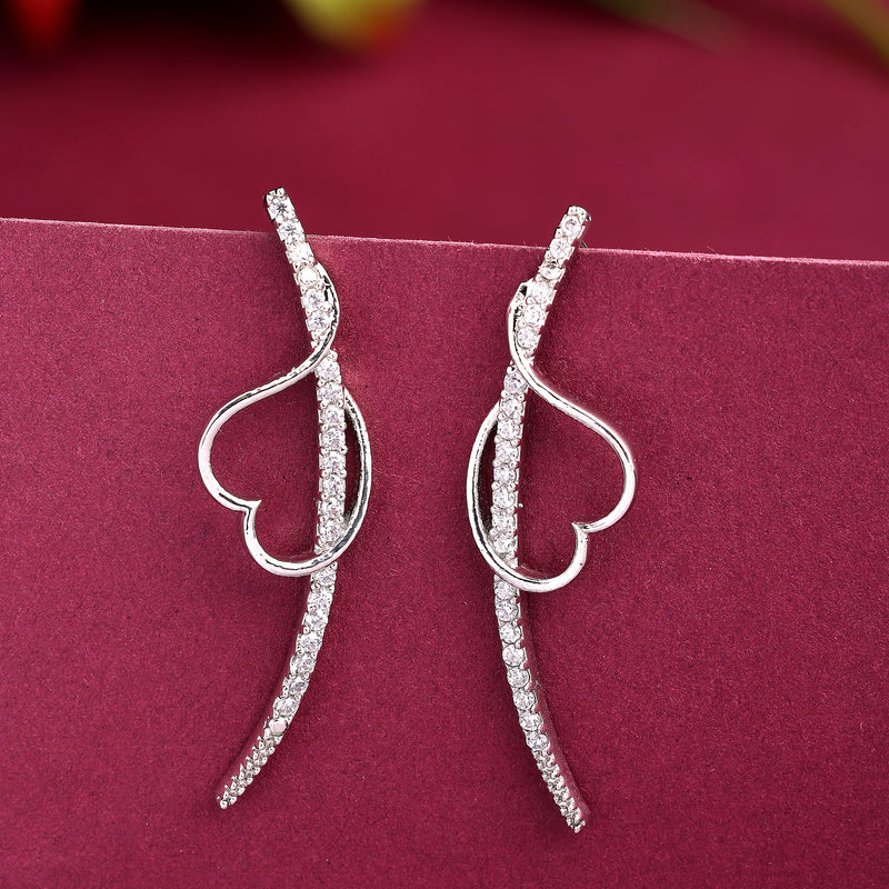 Rhodium Plated Silver Toned Heart Shaped American Diamond Studded Ear Climber Earrings