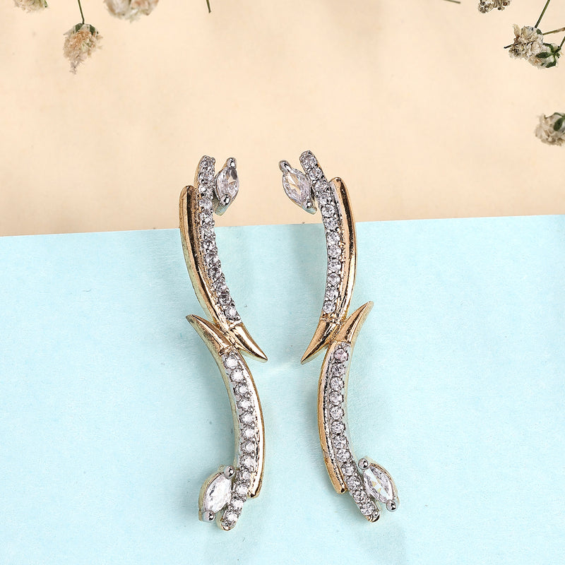 Gold Plated White American Diamond Studded Ear Climber Earrings