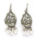 Oxidised Silver Toned Peacock Style White Pearl Studded Earrings