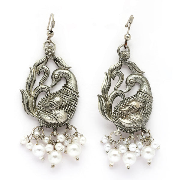Oxidised Silver Toned Peacock Style White Pearl Studded Earrings