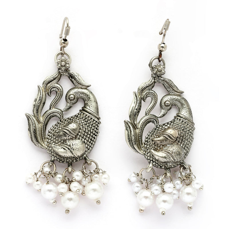 Oxidised Silver Toned Peacock Style White Pearl Studded Earrings