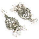 Oxidised Silver Toned Peacock Style White Pearl Studded Earrings