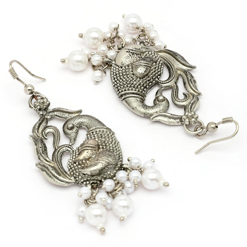 Oxidised Silver Toned Peacock Style White Pearl Studded Earrings