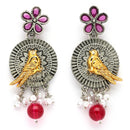 Oxidised Gold Plated Bird Shaped Pink CZ Studded Pearl Beaded Earrings