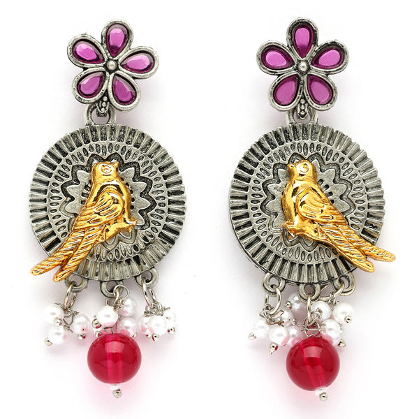 Oxidised Gold Plated Bird Shaped Pink CZ Studded Pearl Beaded Earrings