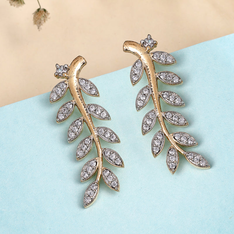 Gold Plated Leaf Shaped American Diamond Studded Ear cuff Earrings