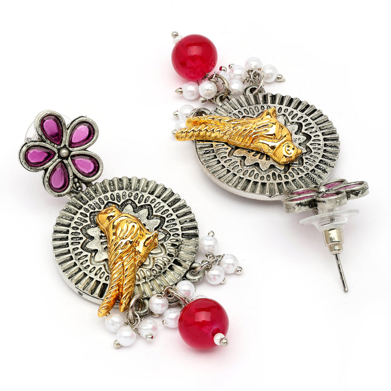 Oxidised Gold Plated Bird Shaped Pink CZ Studded Pearl Beaded Earrings