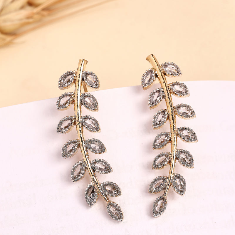 Gold Plated Leaf Shaped American Diamond Studded Ear Climber