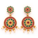 Gold Plated Circular Shaped Red & Blue Stone Studded Pearl Beaded Drop Earrings