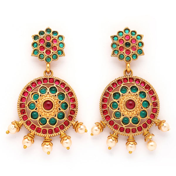 Gold Plated Circular Shaped Red & Blue Stone Studded Pearl Beaded Drop Earrings