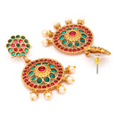 Gold Plated Circular Shaped Red & Blue Stone Studded Pearl Beaded Drop Earrings