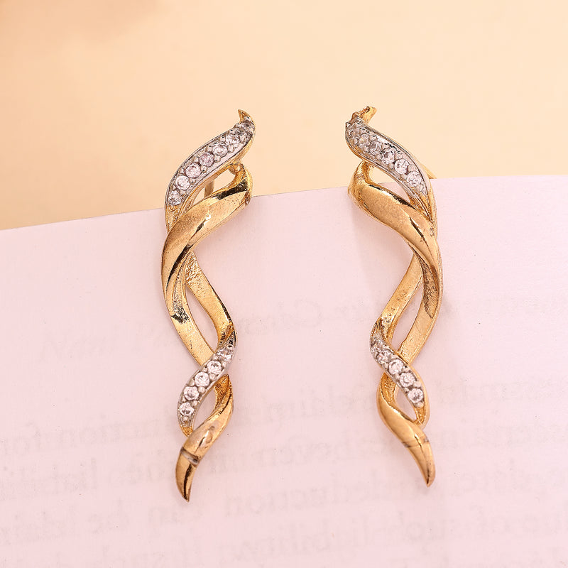 Gold Plated Twisted Shpaped American Diamond Studded Ear Climber Earrings