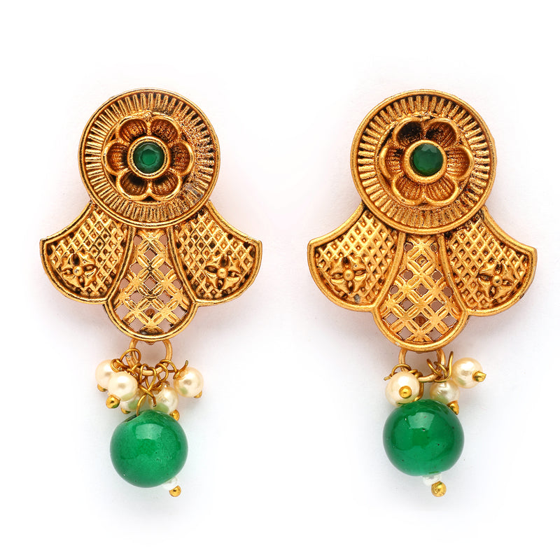 Traditional Gold Plated Floral Shaped Green Pearl Beaded Earrings