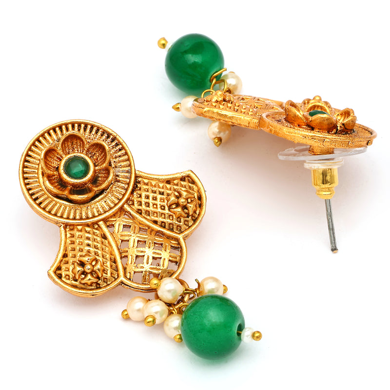 Traditional Gold Plated Floral Shaped Green Pearl Beaded Earrings