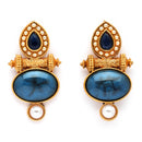 Traditional Gold Plated Oval Shaped Blue Stone And Pearl Studded Earrings