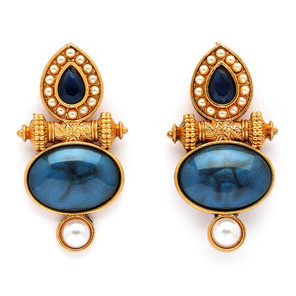Traditional Gold Plated Oval Shaped Blue Stone And Pearl Studded Earrings